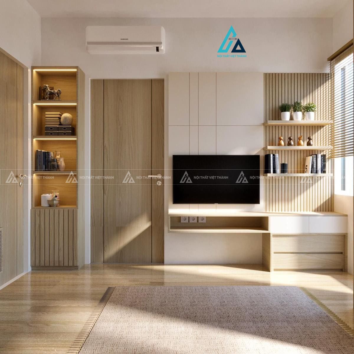 Mẫu thiết kế combo nội thất trọn gói gỗ be trắng cho phòng khách