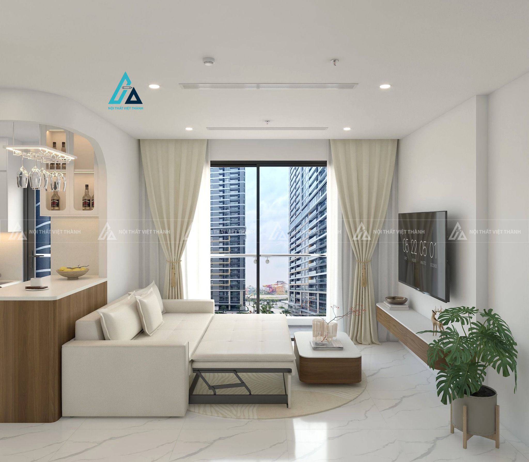 Mẫu thiết kế combo nội thất trọn gói gỗ trắng vàng cho phòng khách