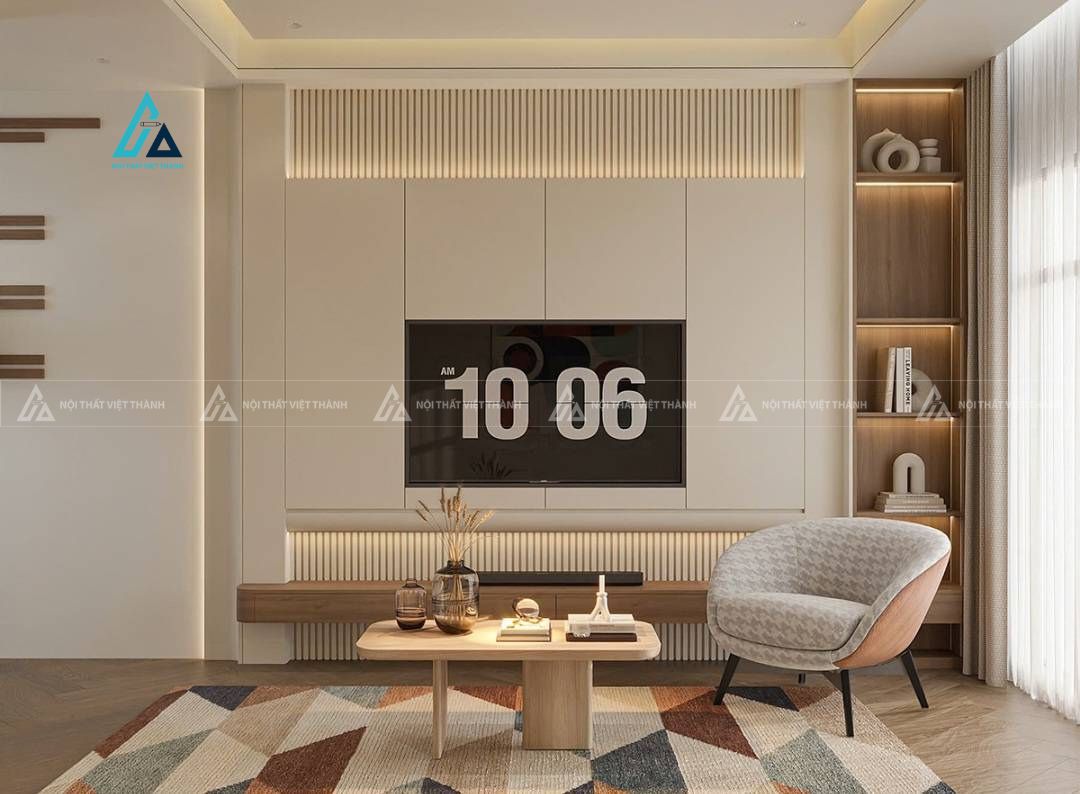 Mẫu thiết kế combo nội thất trọn gói gỗ trắng nâu cho phòng khách