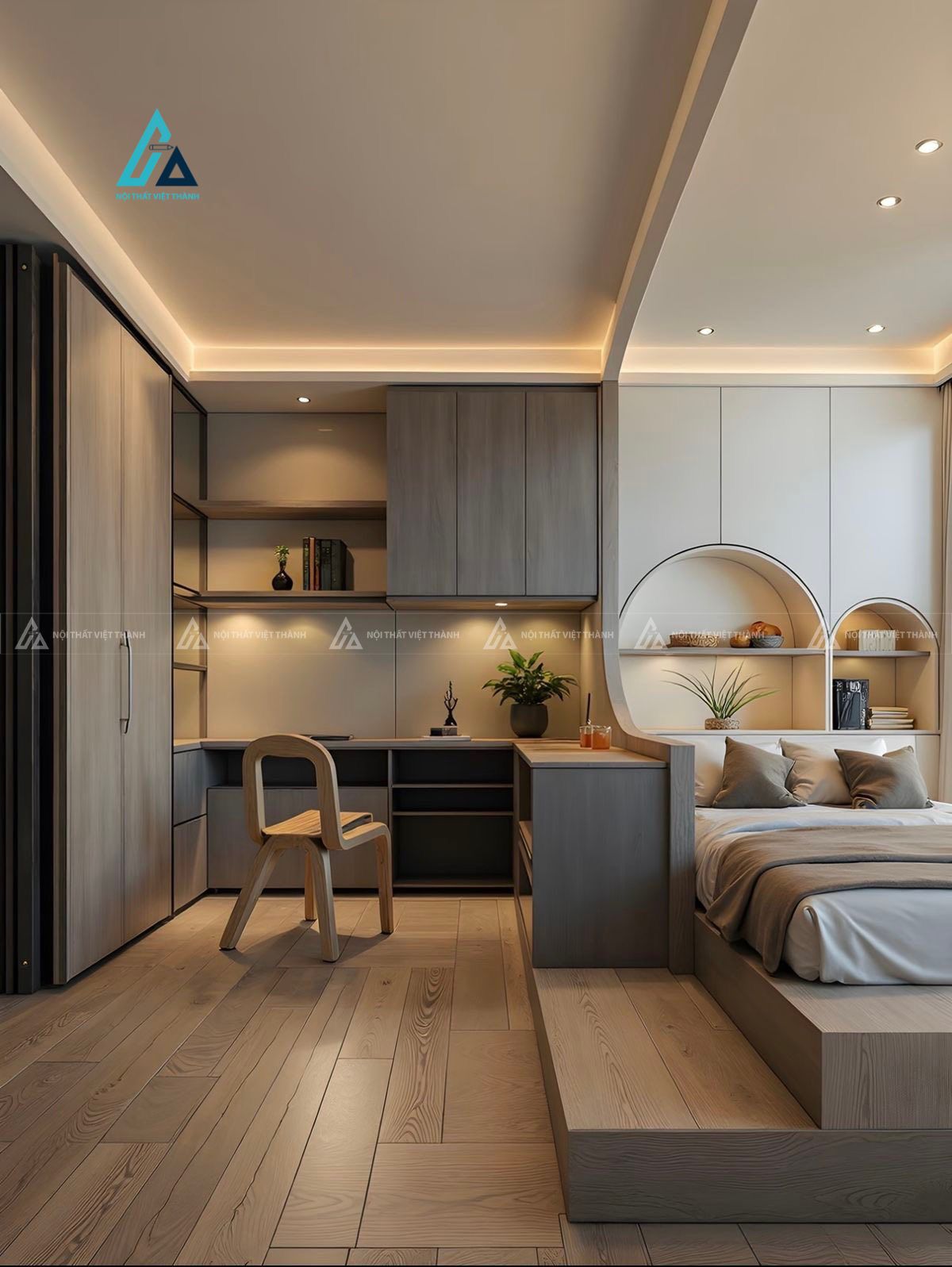 Mẫu thiết kế combo phòng ngủ với giường bậc thang và tủ kịch trần