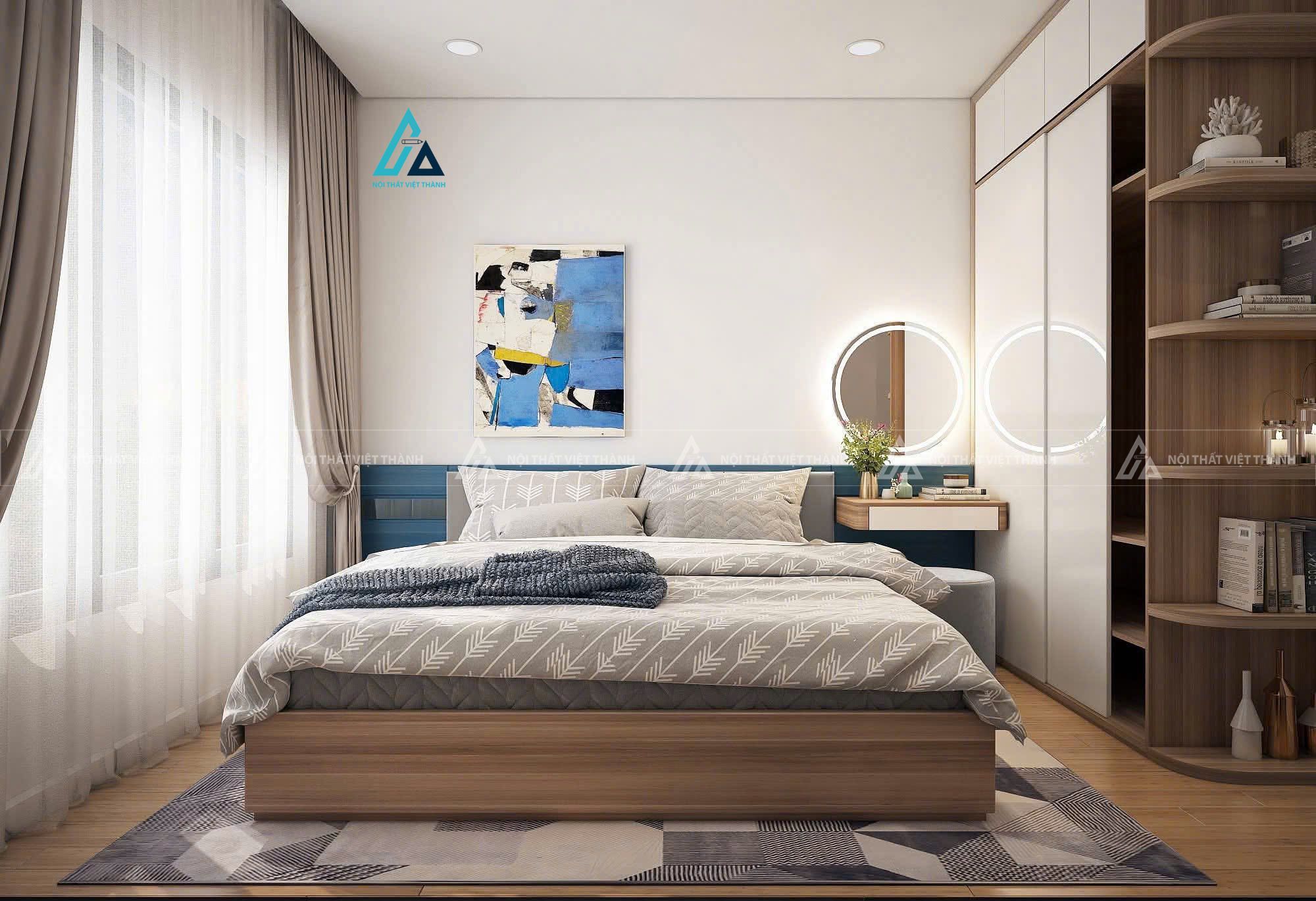 Mẫu thiết kế combo phòng ngủ với hệ tủ tiện nghi và đệm đầu giường êm ái