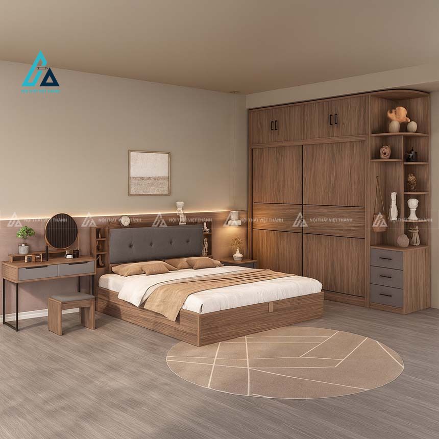 Mẫu thiết kế combo phòng ngủ gỗ công nghiệp nâu trầm hài hoà