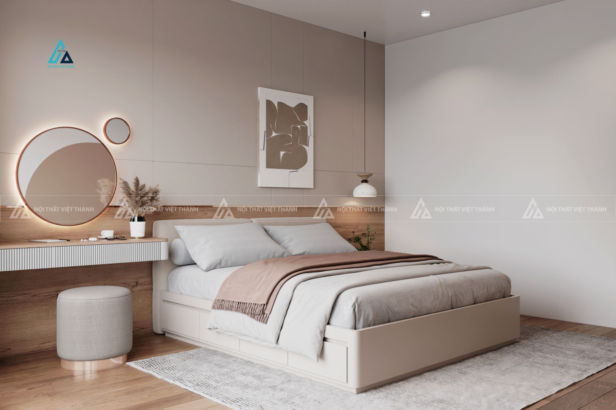 Mẫu thiết kế combo phòng ngủ với giường hộp và bàn trang điểm