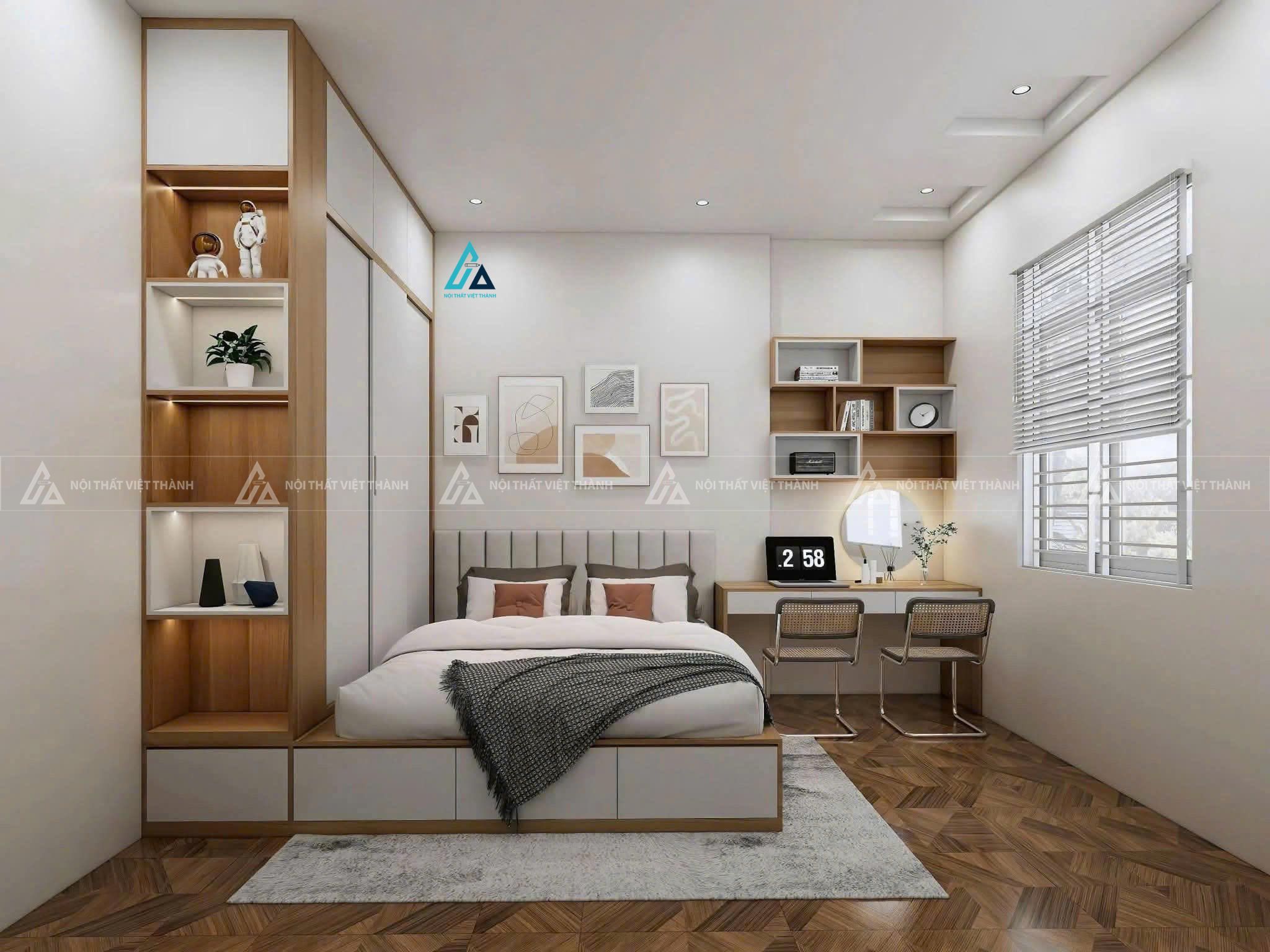 Mẫu thiết kế combo phòng ngủ với hệ tủ và giường liền kề