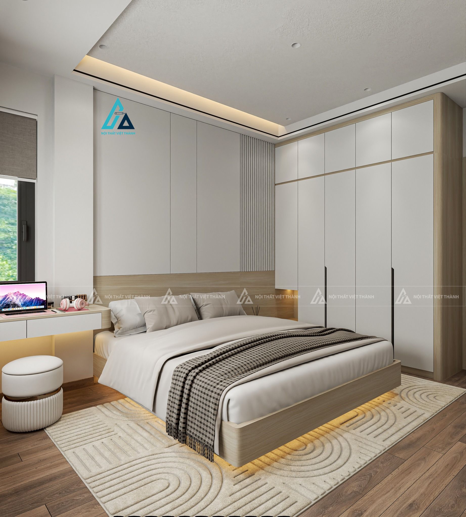 Mẫu thiết kế combo phòng ngủ trắng be với tủ kịch trần