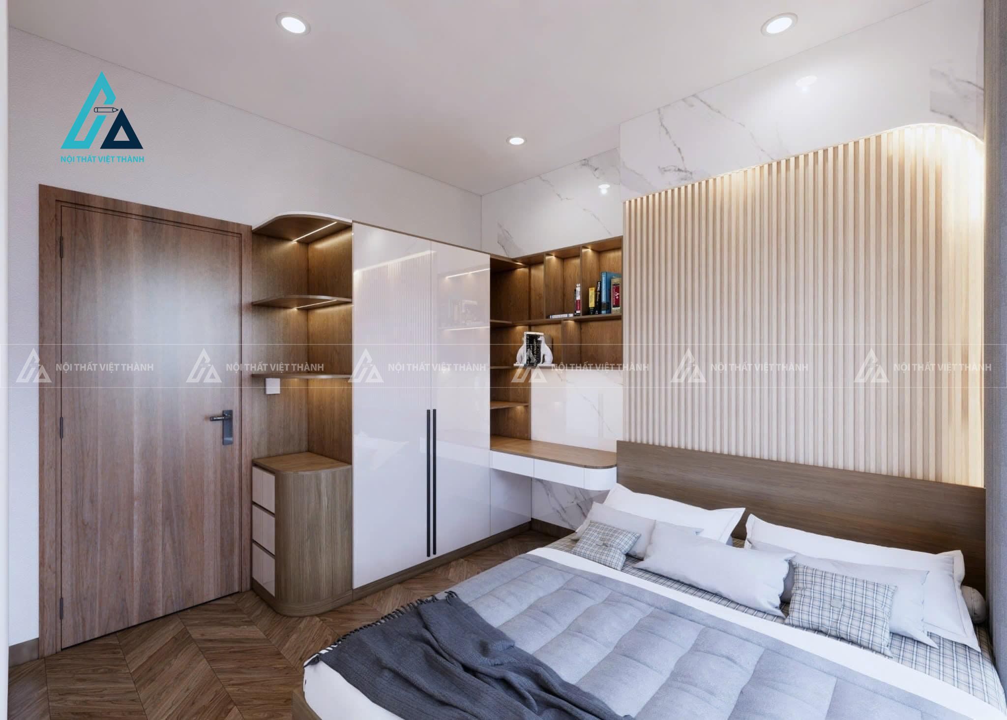 Mẫu thiết kế combo phòng ngủ trắng nâu phối đèn led