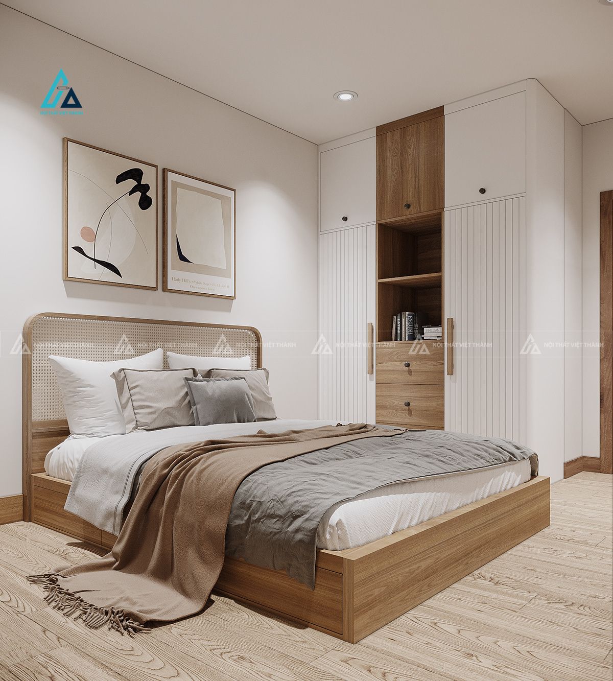 Mẫu thiết kế combo phòng ngủ trắng nâu hài hoà