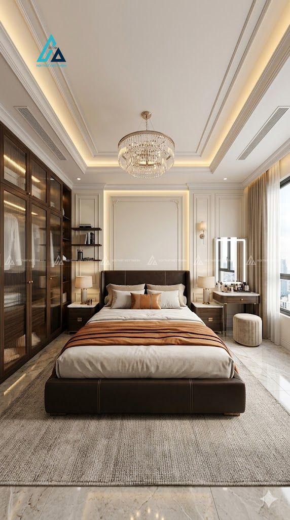 Mẫu thiết kế combo phòng ngủ cổ điển nâu trầm