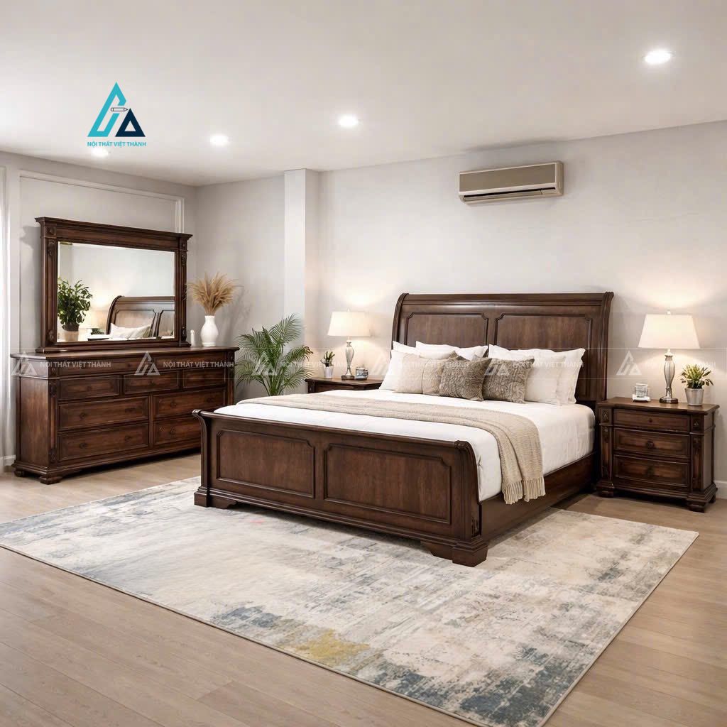 Mẫu thiết kế combo phòng ngủ gỗ tự nhiên nâu cổ điển