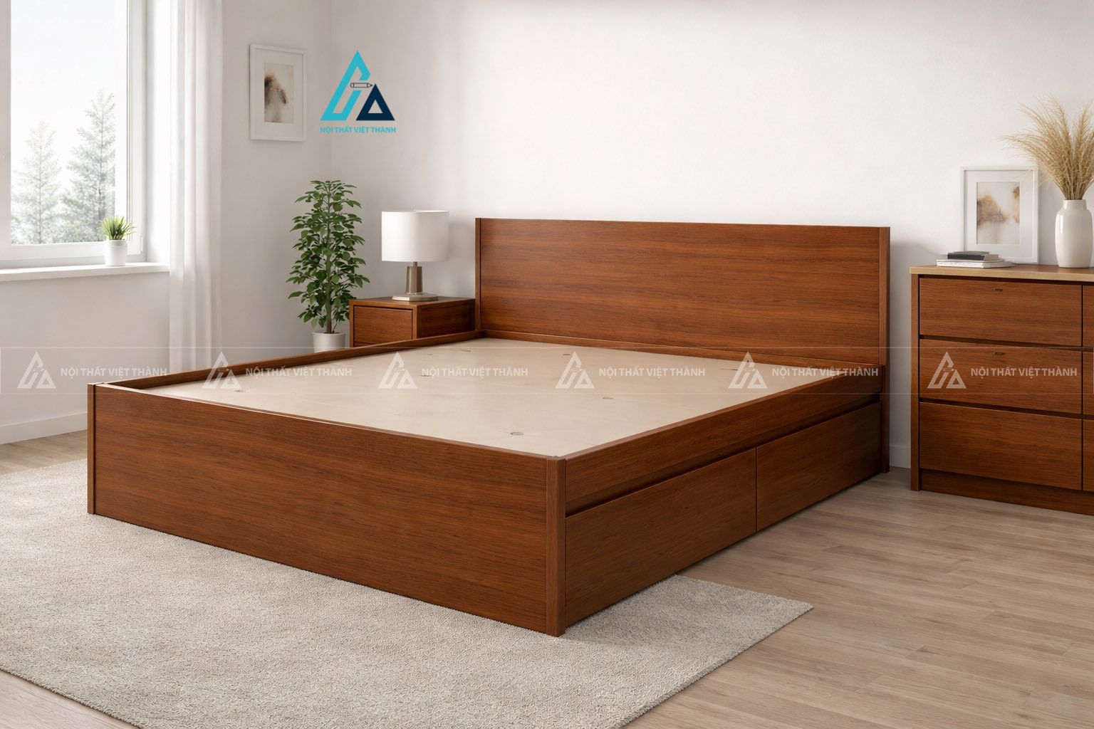 Mẫu thiết kế combo phòng ngủ gỗ tự nhiên nâu đỏ tối giản