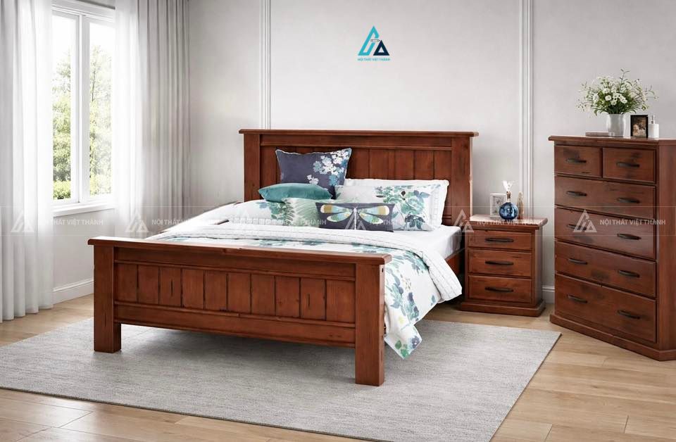 Mẫu thiết kế combo phòng ngủ gỗ tự nhiên nâu đỏ có tủ và tab đầu giường
