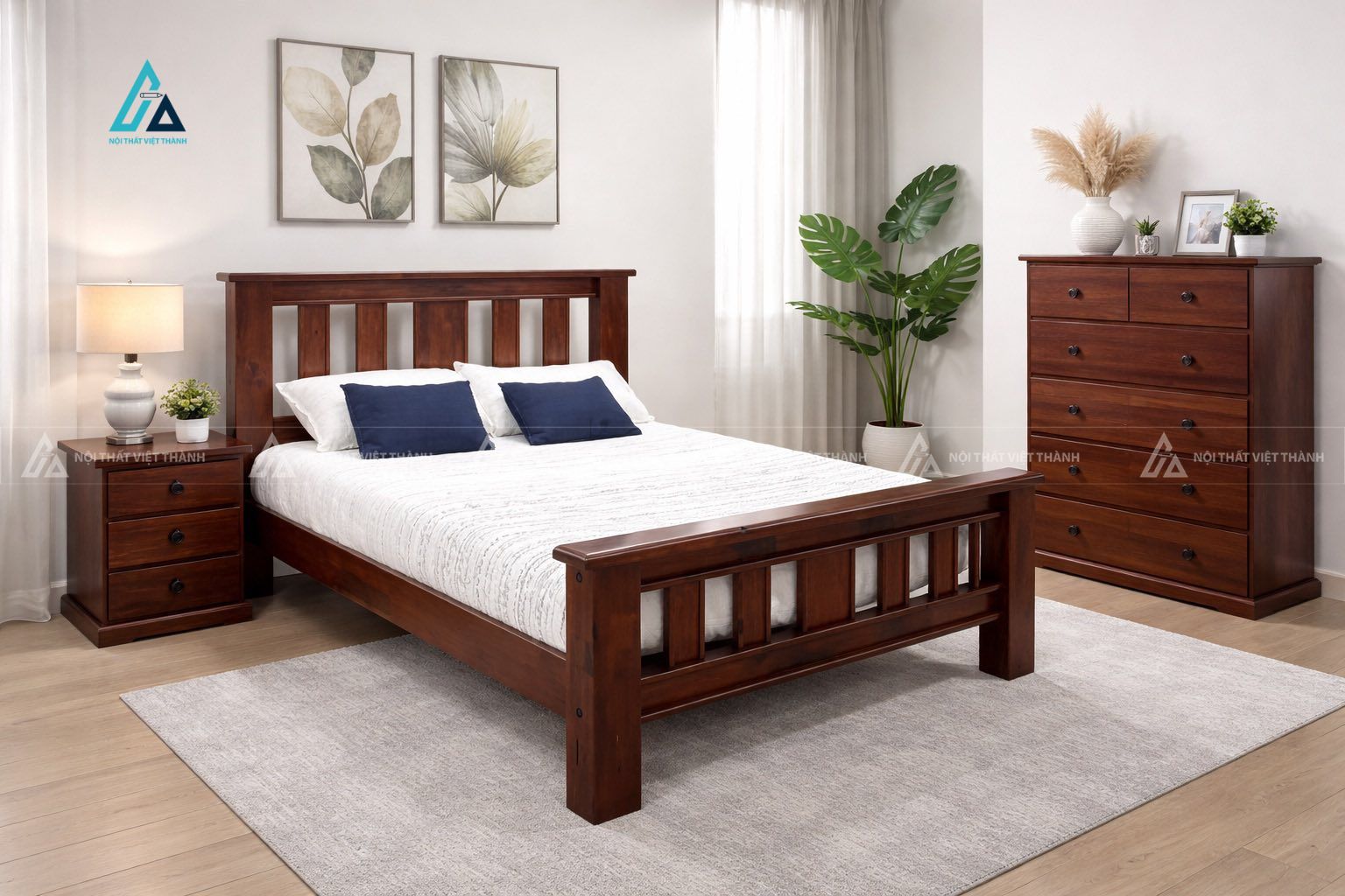 Mẫu thiết kế combo phòng ngủ gỗ tự nhiên đầy kết hợp giường tủ và tab đầu giường
