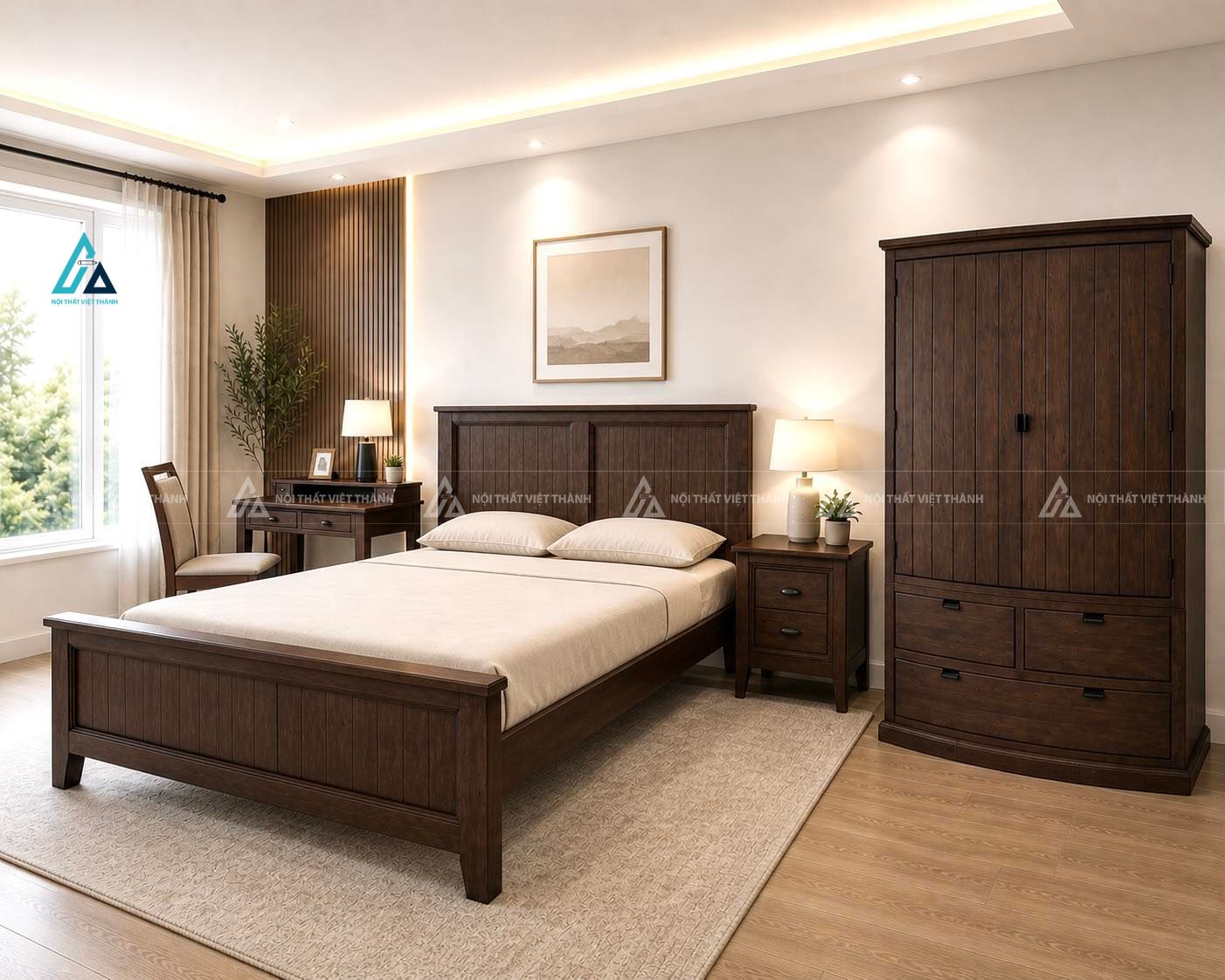 Mẫu thiết kế combo phòng ngủ gỗ tự nhiên nâu đậm ấm cúng