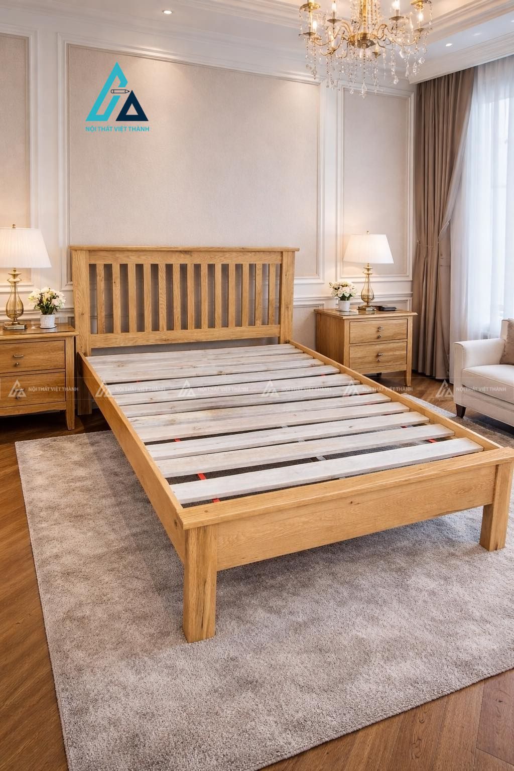 Mẫu thiết kế combo phòng ngủ gỗ tự nhiên vàng có tab đầu giường