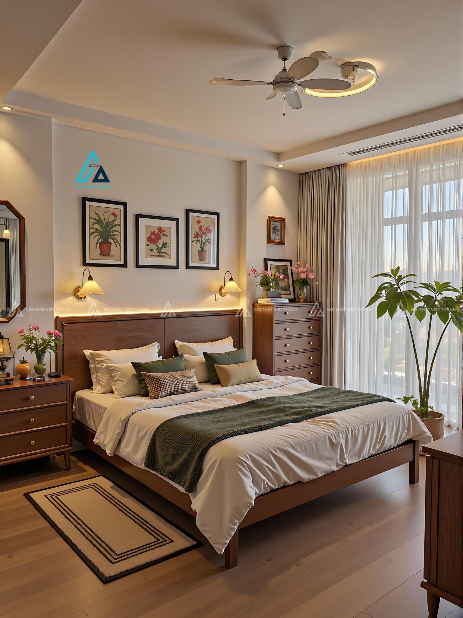 Mẫu thiết kế combo phòng ngủ gỗ tự nhiên có giường, tủ và tab đầu giường