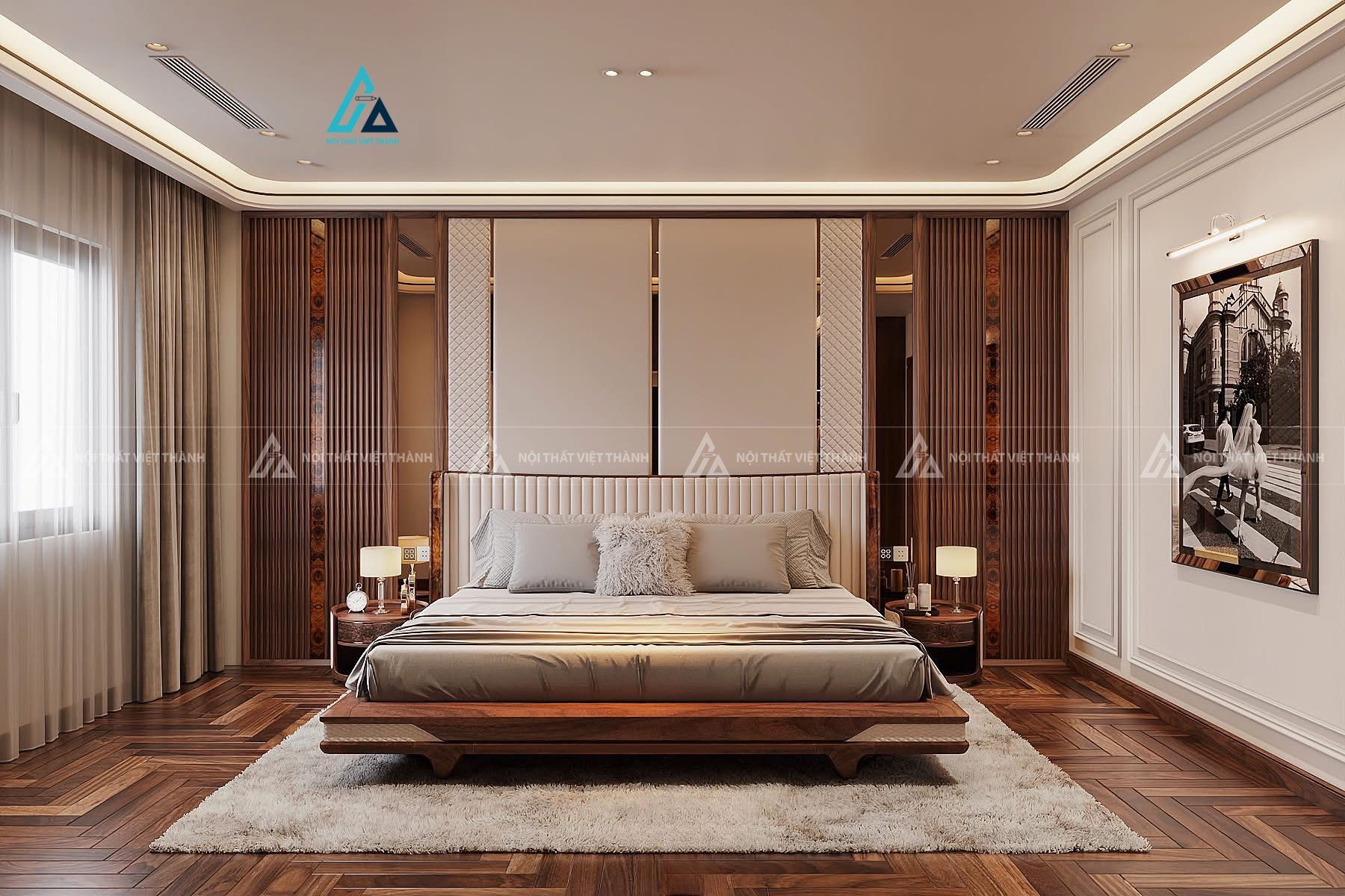 Mẫu thiết kế combo phòng ngủ gỗ tự nhiên nâu đỏ phối đệm thoải mái