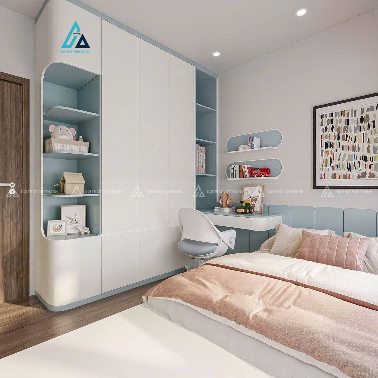 Mẫu thiết kế combo phòng ngủ trẻ em xanh trắng trẻ trung