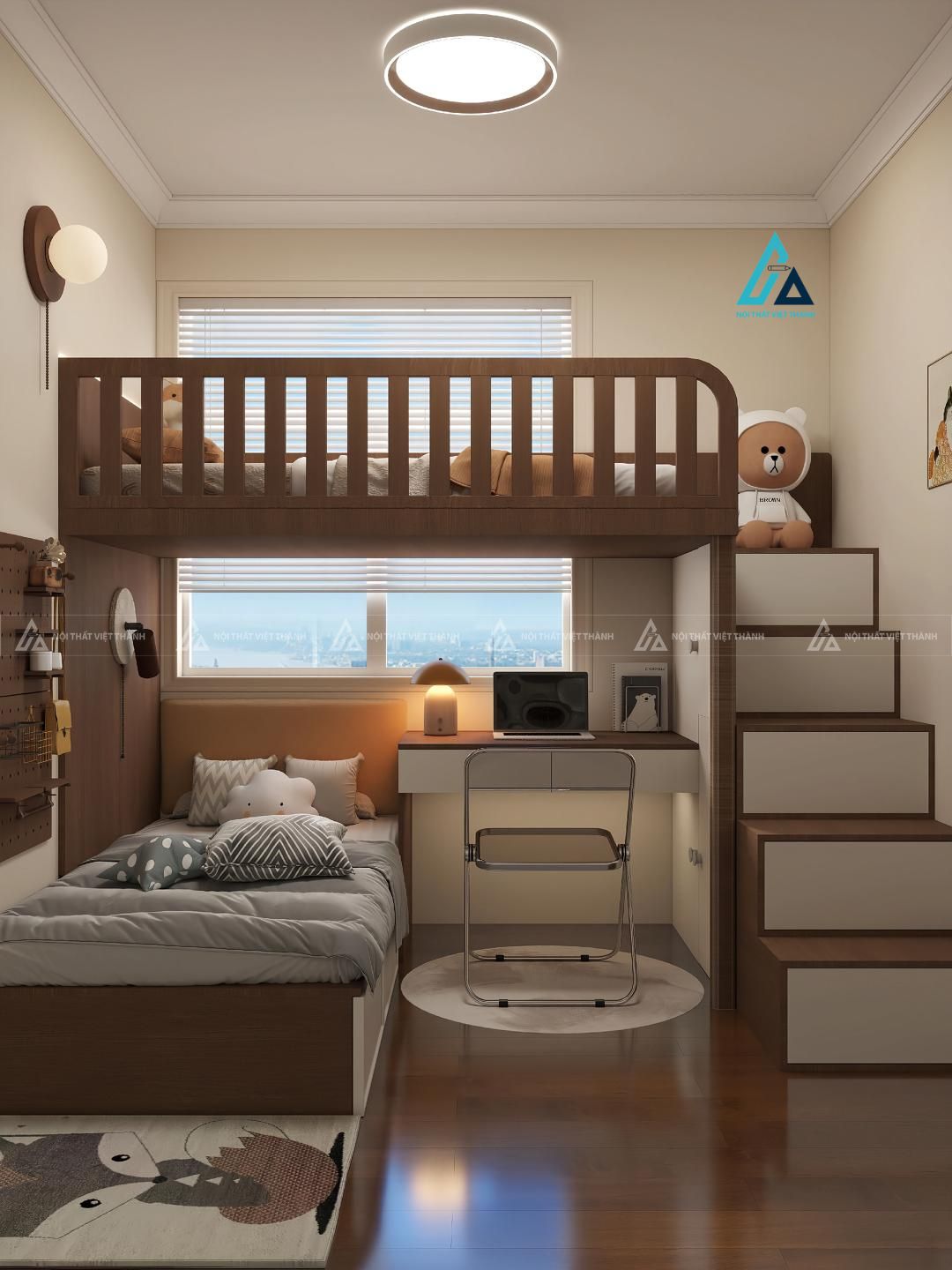 Mẫu thiết kế combo phòng ngủ trẻ em gồm 2 giường đơn