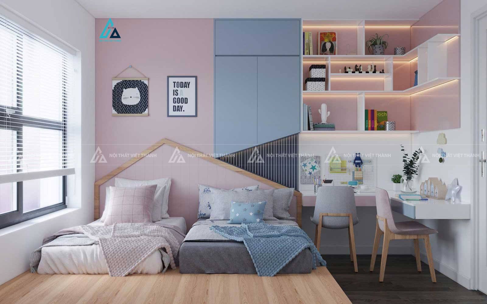 Mẫu thiết kế combo phòng ngủ trẻ em xanh hồng đầy đủ tiện nghi