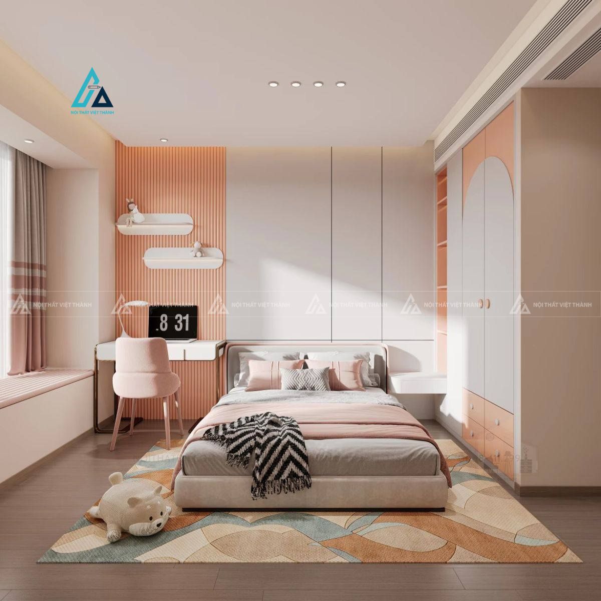 Mẫu thiết kế combo phòng ngủ trẻ em cam trắng hài hoà