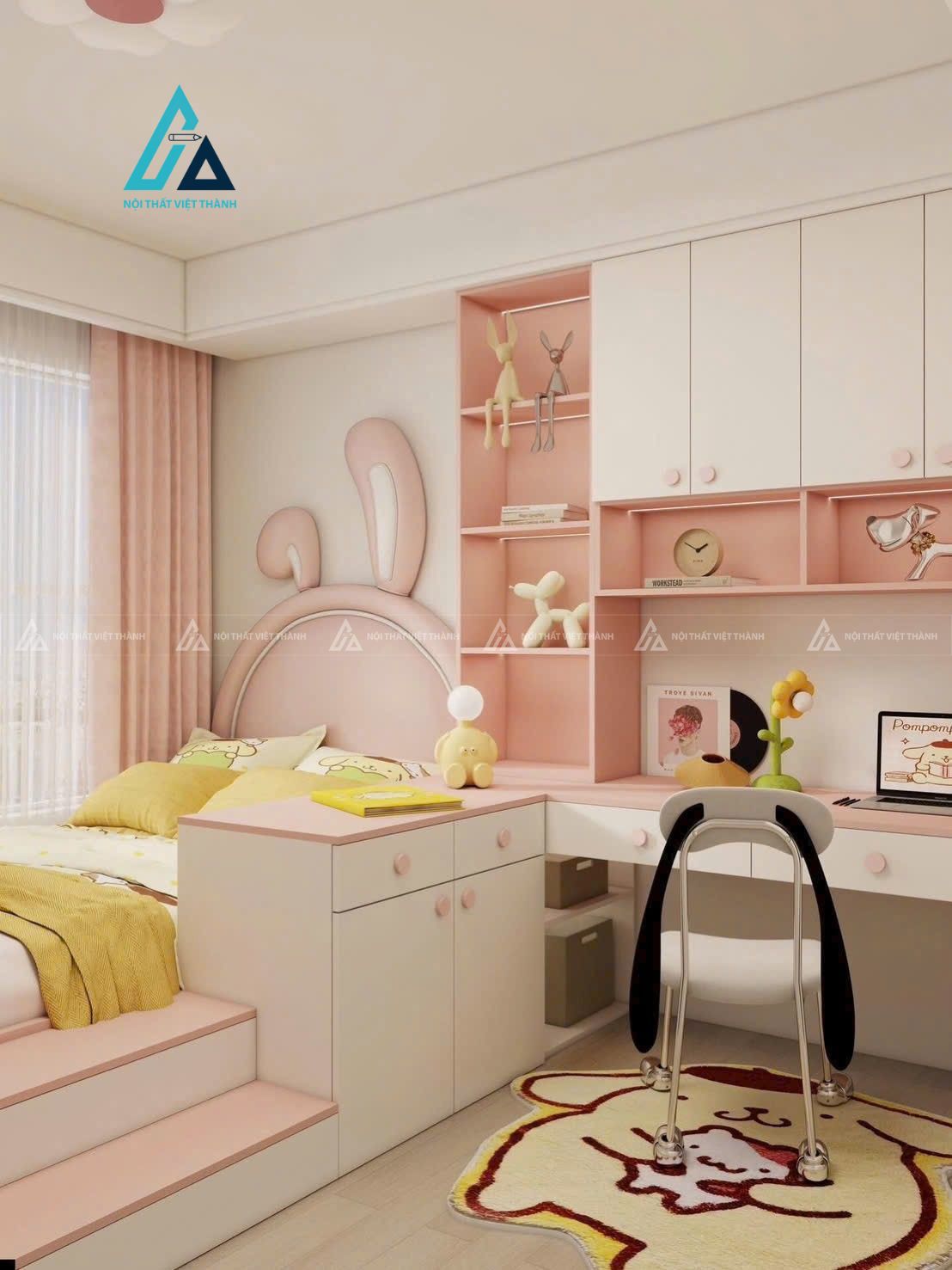 Mẫu thiết kế combo phòng ngủ trẻ em trắng hồng cho bé gái