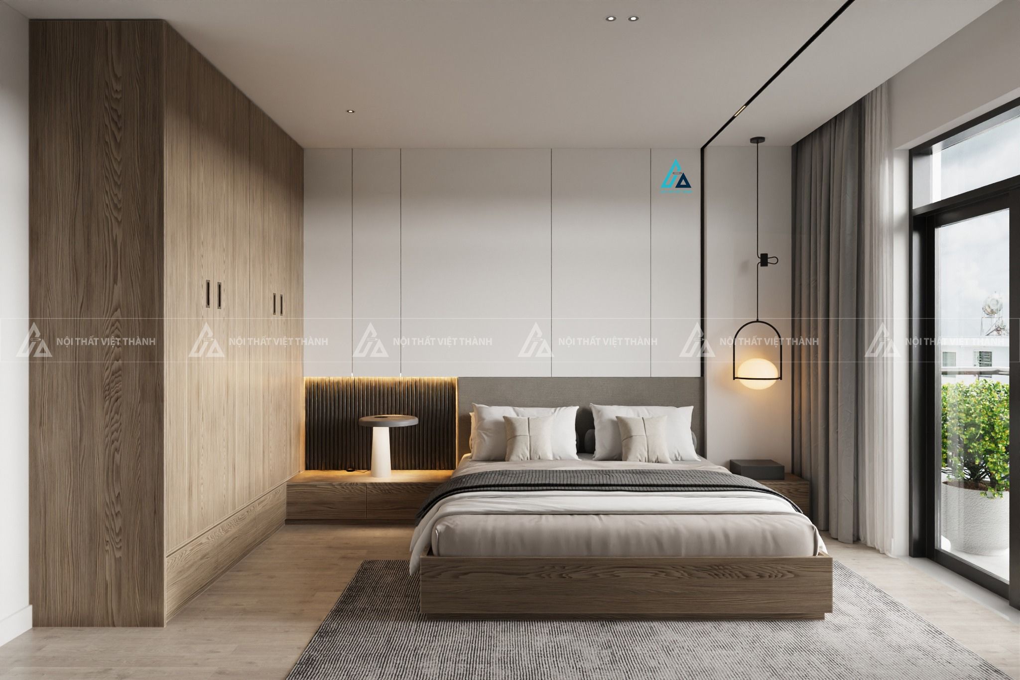 Mẫu thiết kế giường ngủ gỗ công nghiệp nâu phối dệm đầu giường xám