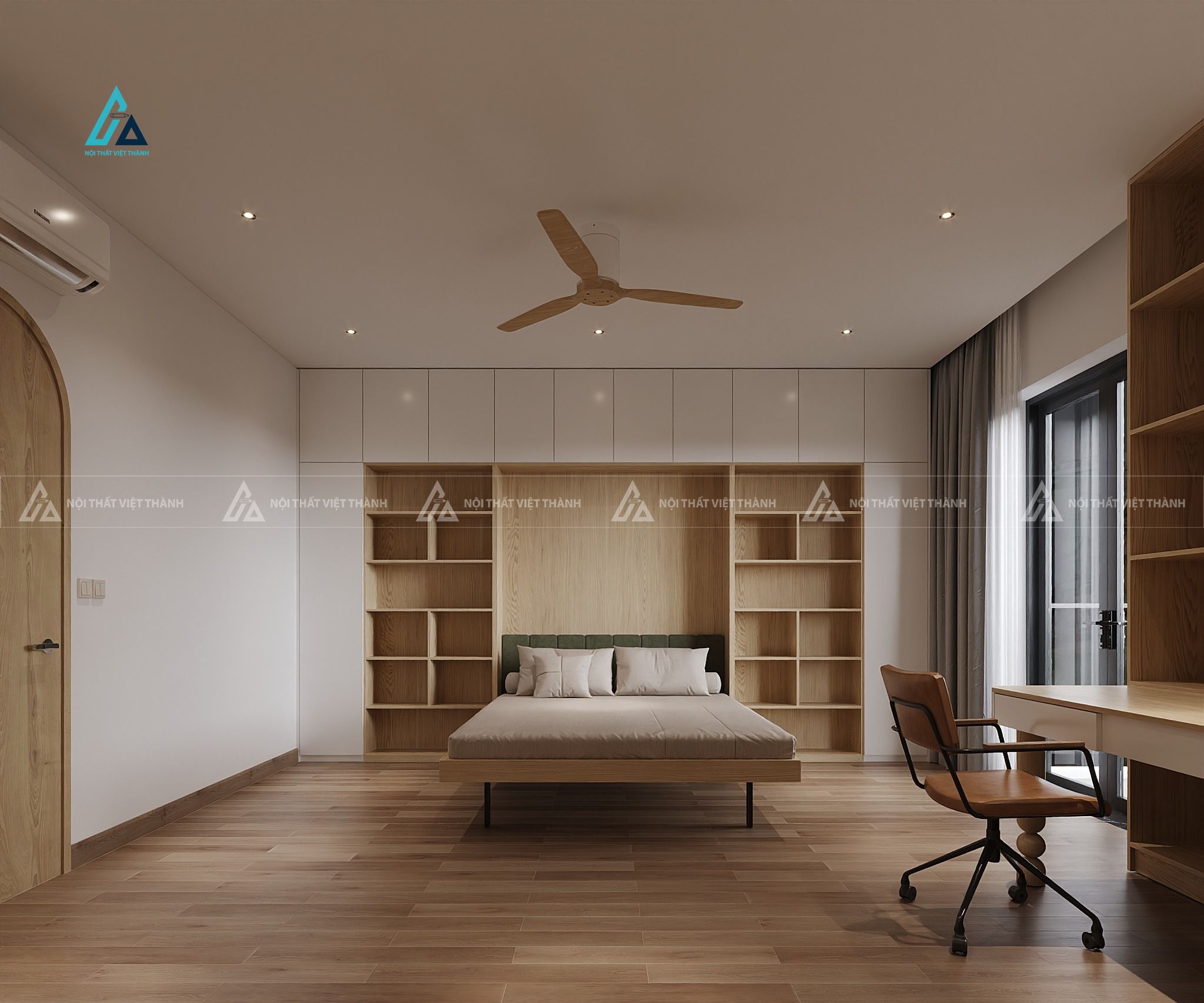 Mẫu thiết kế giường ngủ gỗ công nghiệp chân kim loại gầm cao