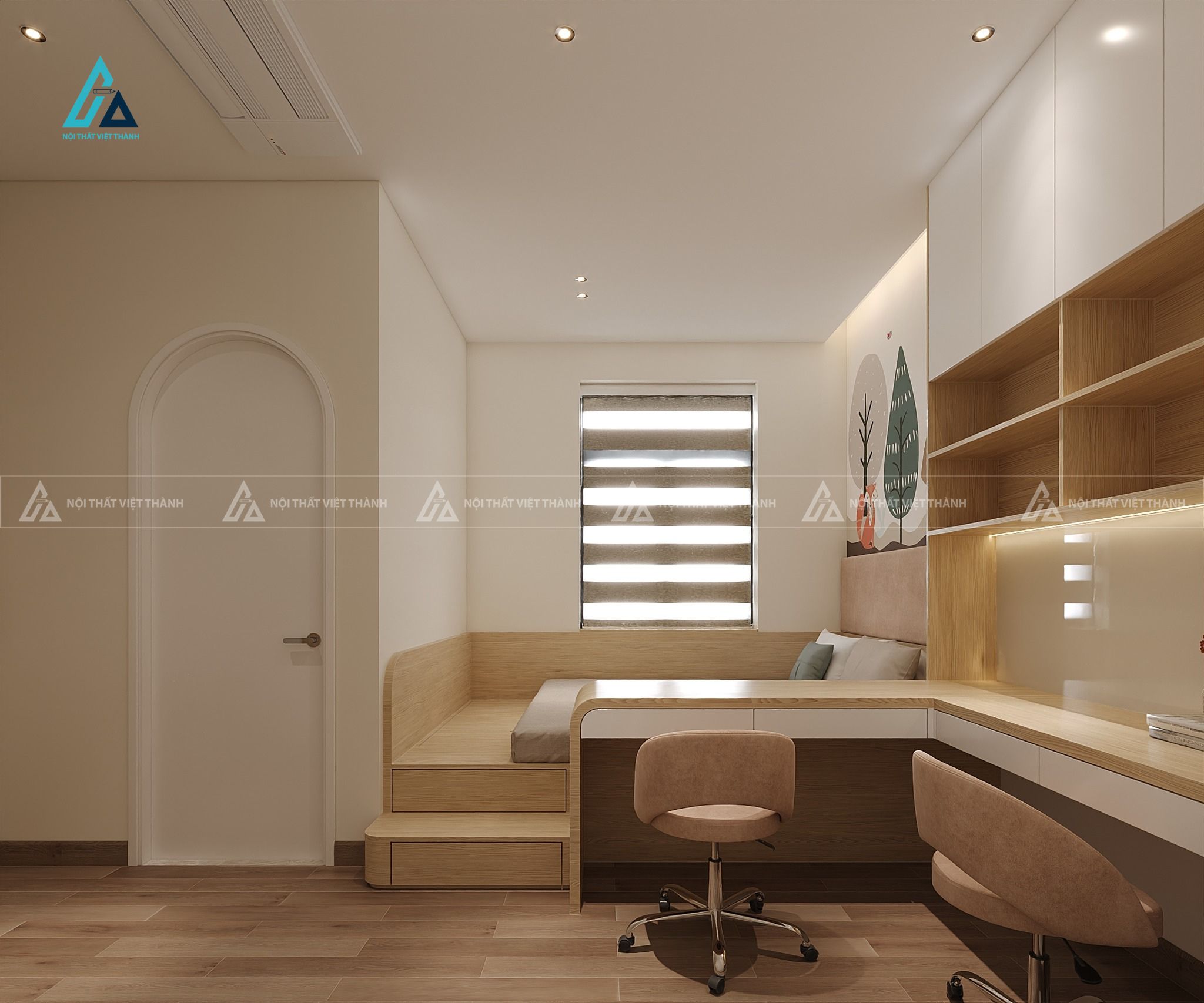 Mẫu thiết kế giường ngủ gỗ công nghiệp có bậc thang