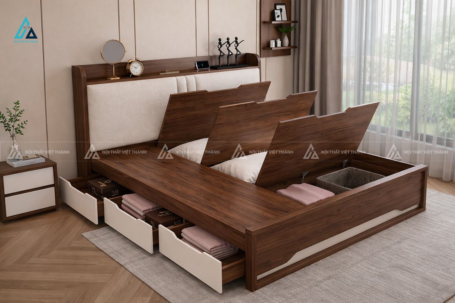 Mẫu thiết kế giường ngủ gỗ công nghiệp nâu có hộc tủ lưu trữ