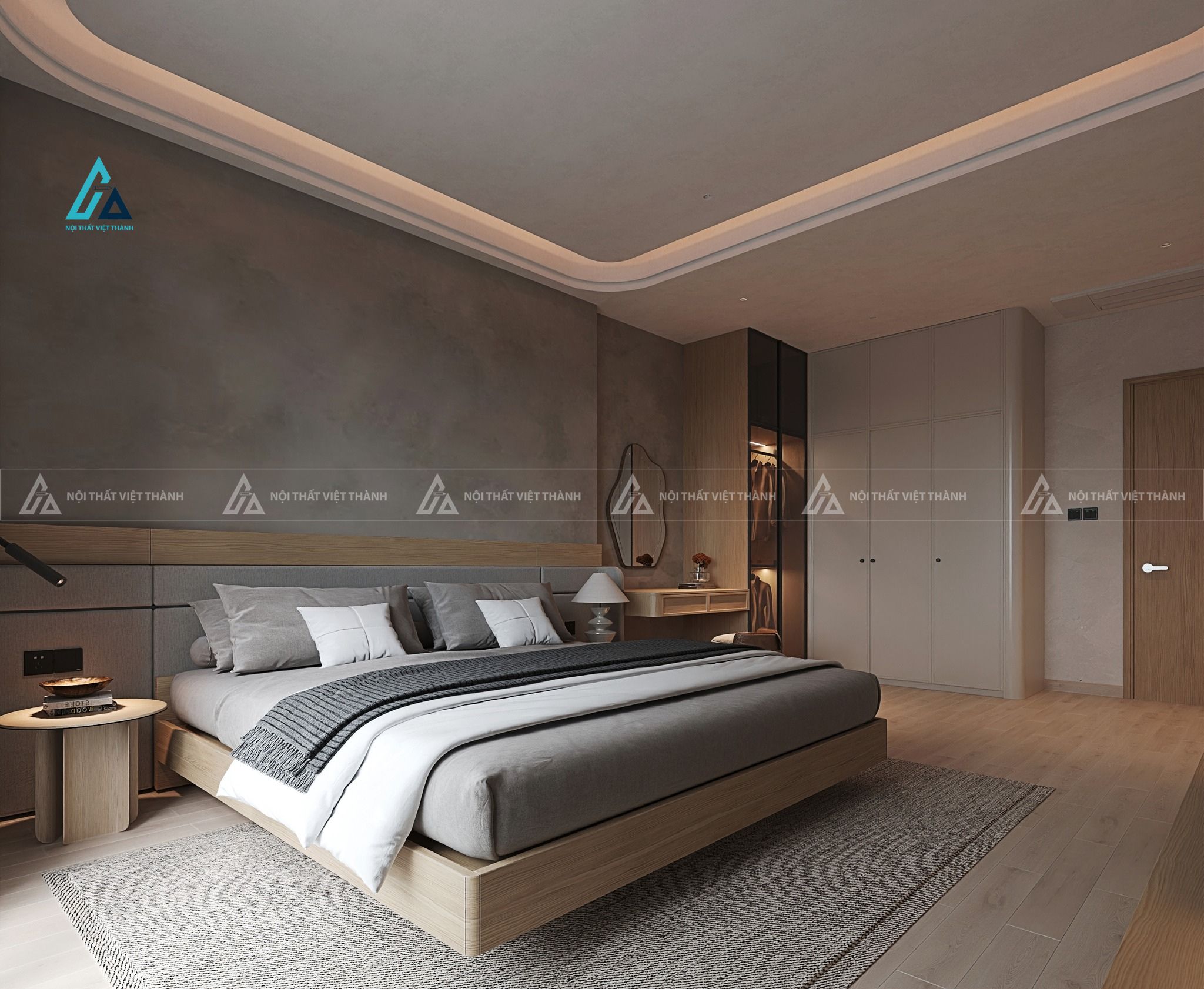 Mẫu thiết kế giường ngủ gỗ công nghiệp be treo tường