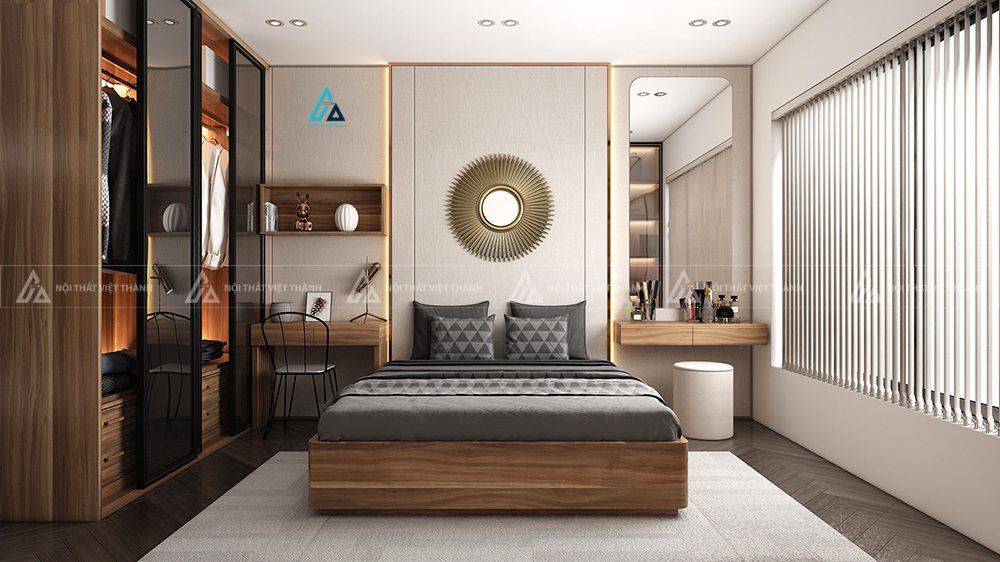 Mẫu thiết kế giường ngủ gỗ nâu trầm