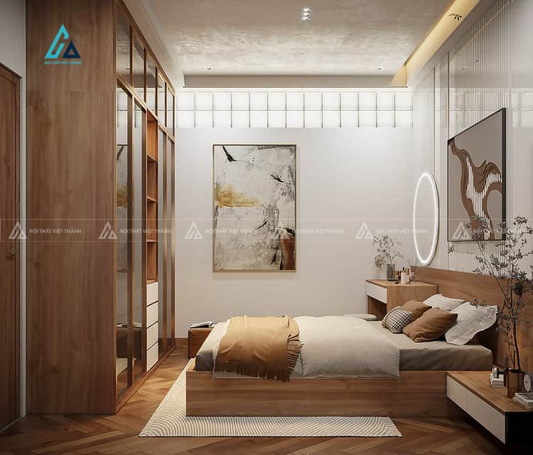 Mẫu thiết kế giường ngủ nâu kèm tủ đầu giường