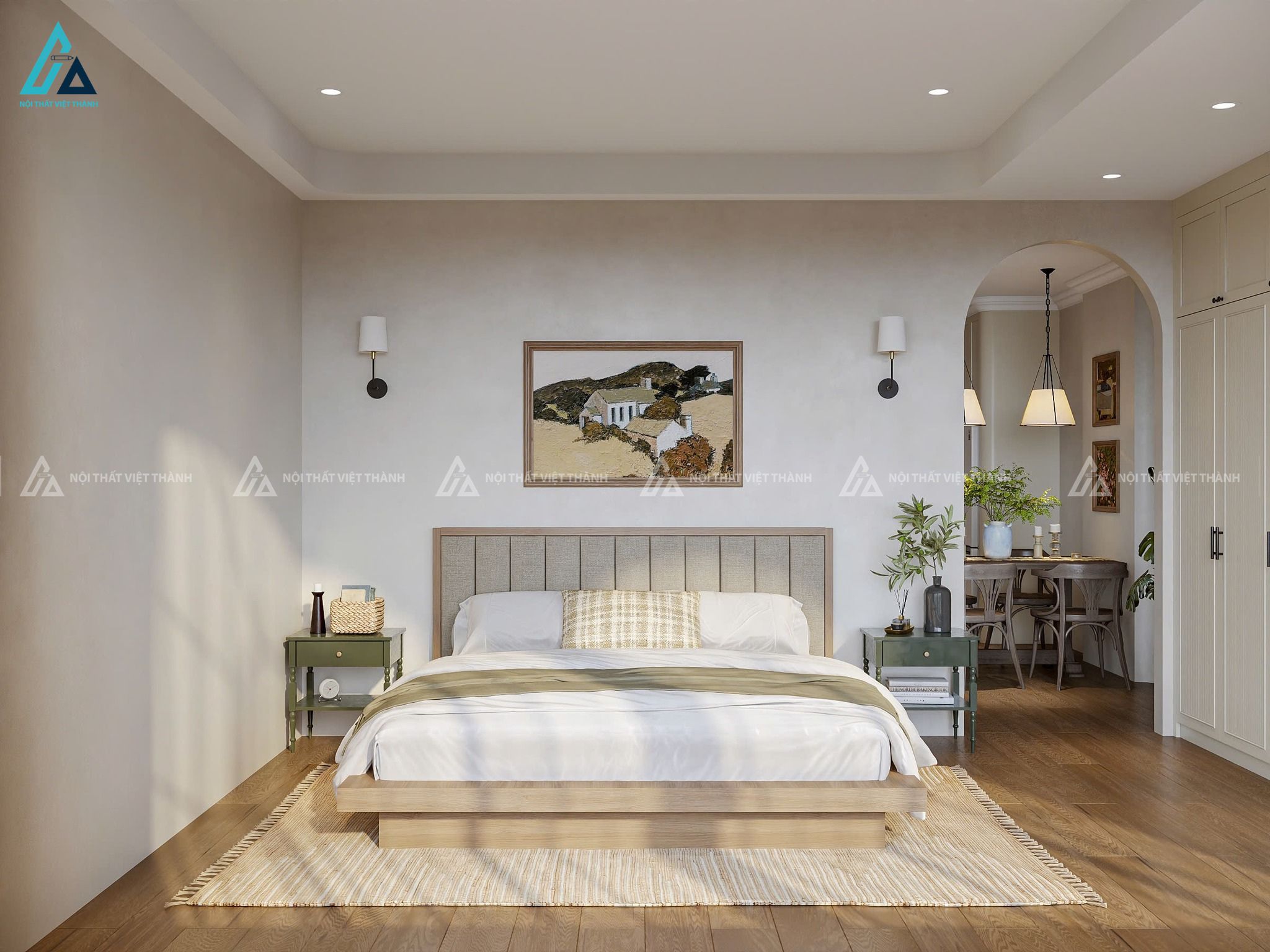 Mẫu thiết kế giường ngủ gỗ công nghiệp be phối đệm đầu giường