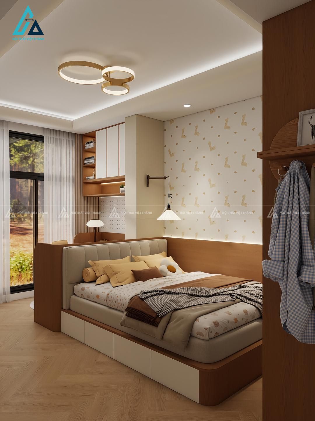 Mẫu thiết kế giường ngủ gỗ công nghiệp nâu có đệm đầu giường