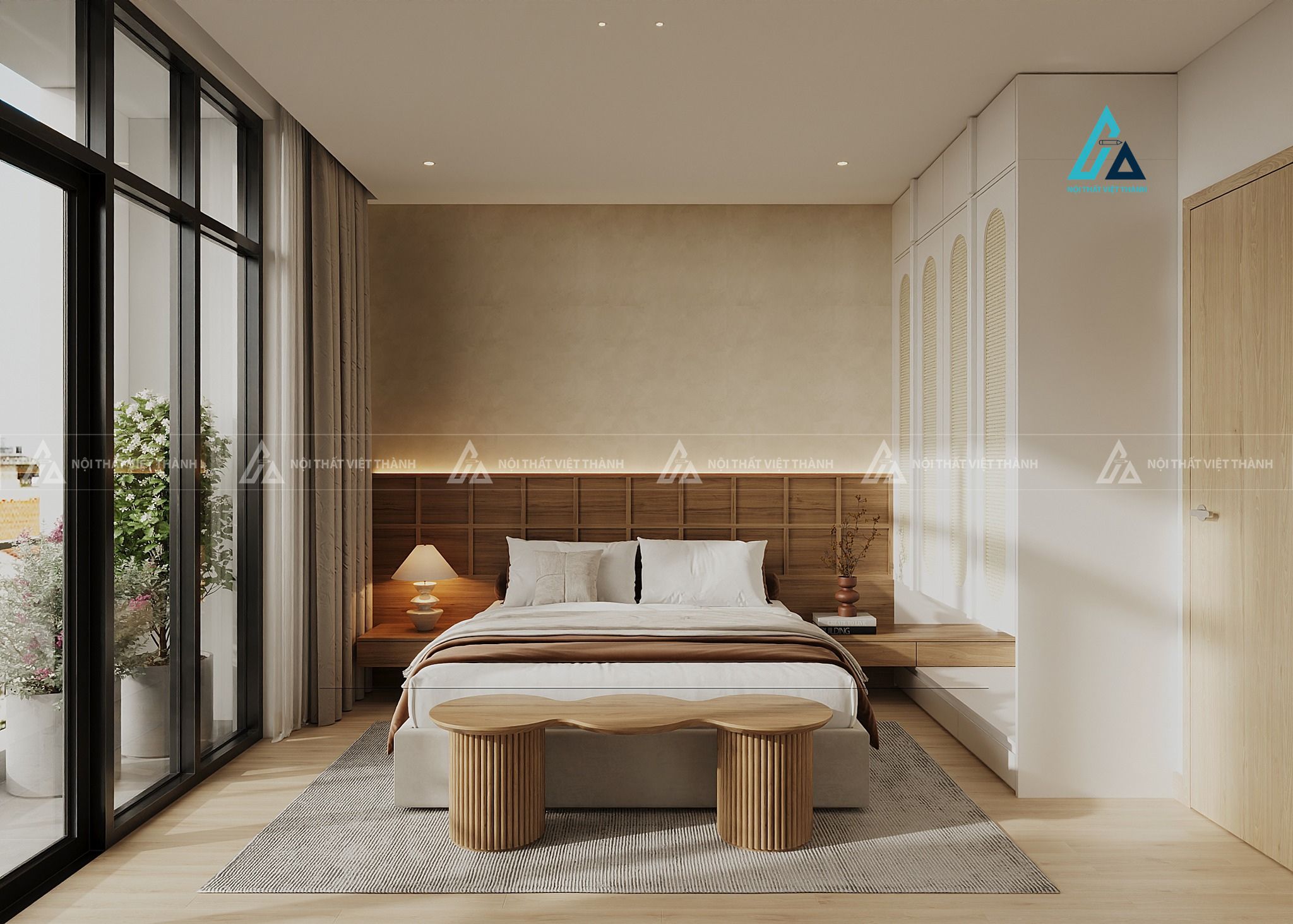Mẫu thiết kế giường ngủ màu be phối gỗ nâu hài hoà
