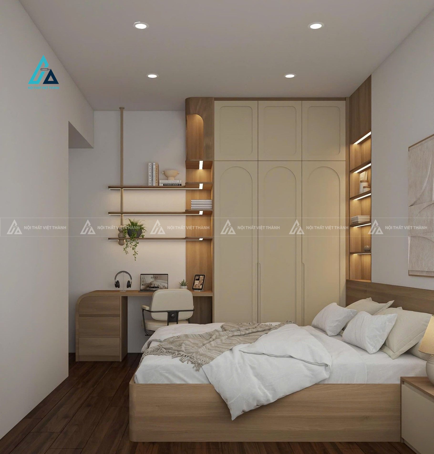 Mẫu thiết kế giường ngủ gỗ công nghiệp be tối giản