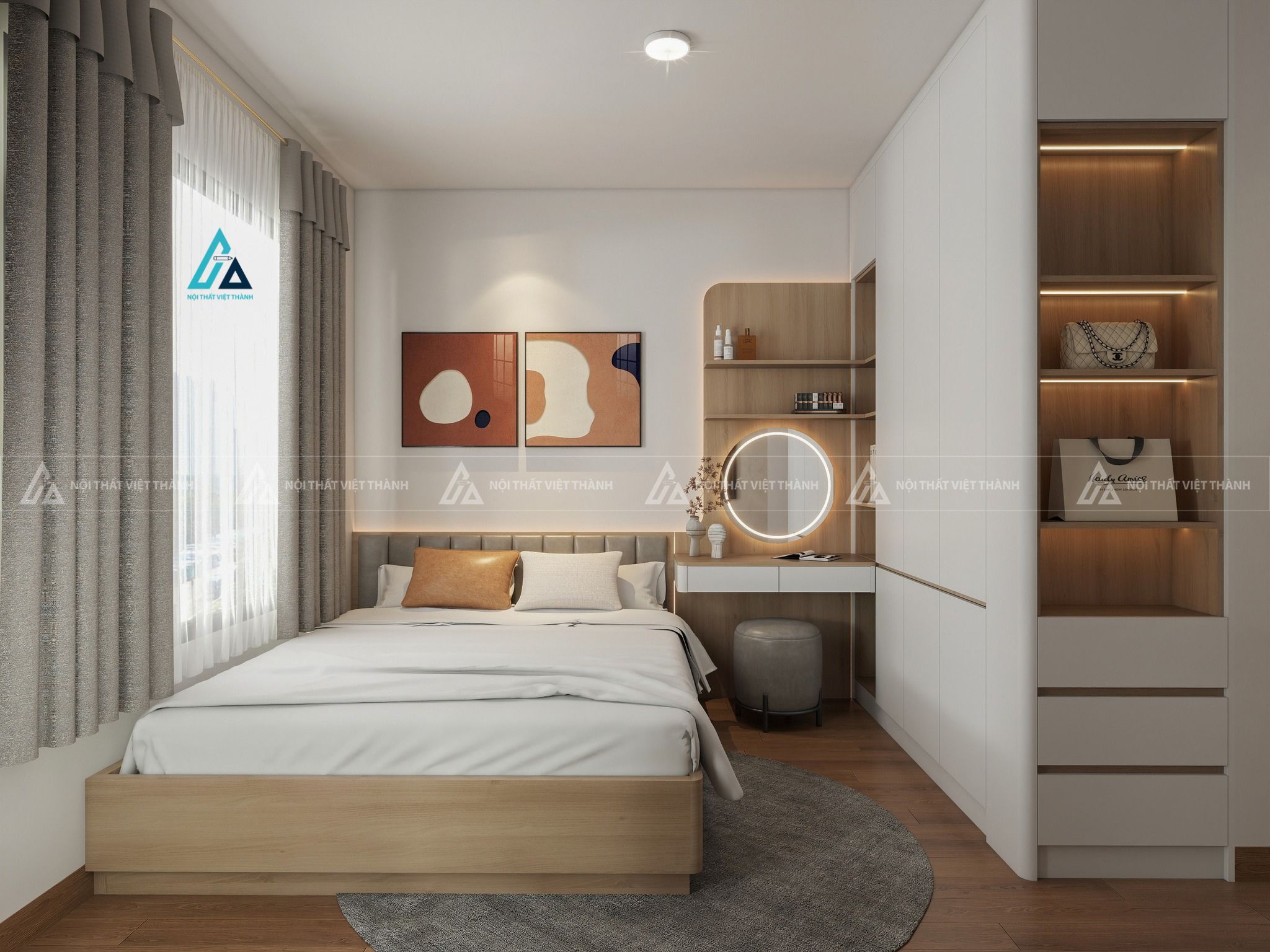 Mẫu thiết kế giường ngủ gỗ công nghiệp vàng hiện đại
