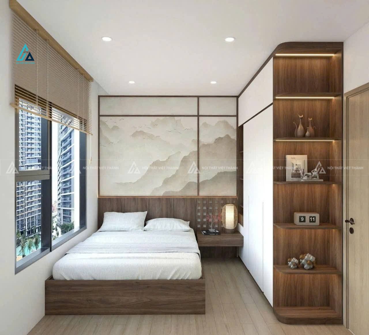 Mẫu thiết kế giường ngủ gỗ công nghiệp xám kết hợp tủ đầu giường 