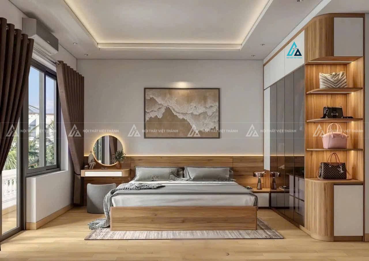 Mẫu thiết kế giường ngủ gỗ công nghiệp kèm kệ đầu giường và bàn trang điểm
