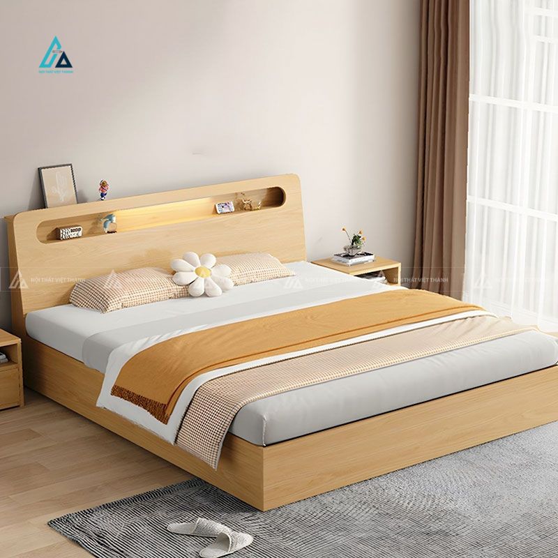 Mẫu thiết kế giường ngủ gỗ công nghiệp đầu giường có kệ trang trí