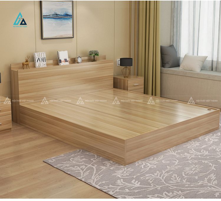 Mẫu thiết kế giường ngủ gỗ công nghiệp vàng tối giản