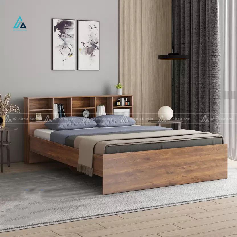 Mẫu thiết kế giường ngủ gỗ công nghiệp nâu có gầm giường