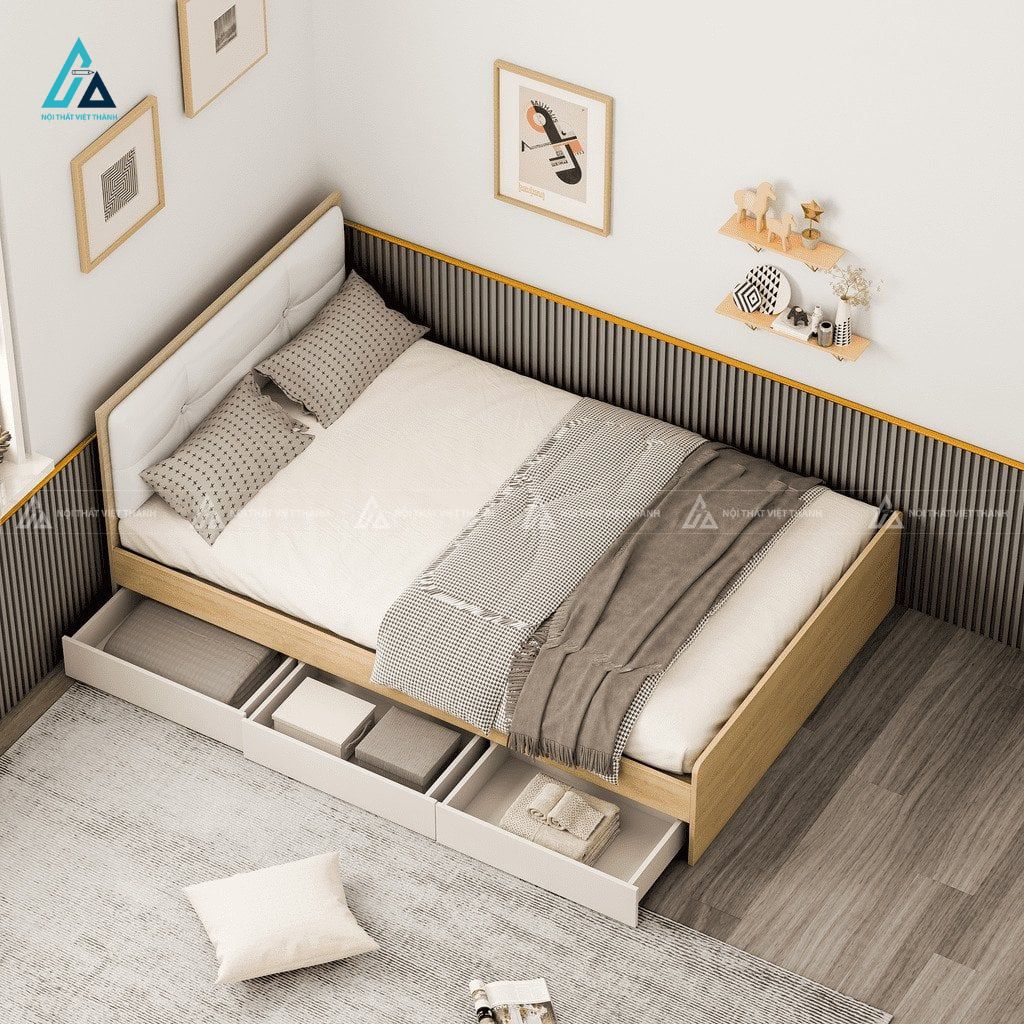 Mẫu thiết kế giường ngủ gỗ công nghiệp có ngăn kéo lưu trữ đồ