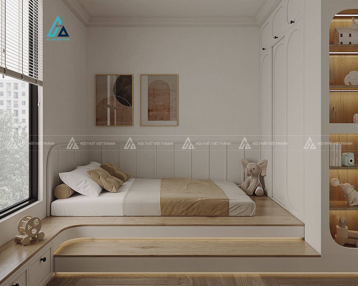 Mẫu thiết kế giường ngủ gỗ công nghiệp be liền với tủ quần áo