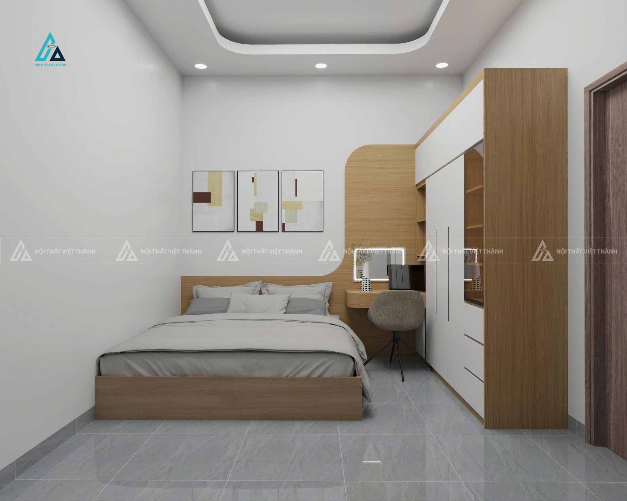 Mẫu thiết kế giường ngủ gỗ công nghiệp xám đồng bộ với tủ quần áo và bàn trang điểm