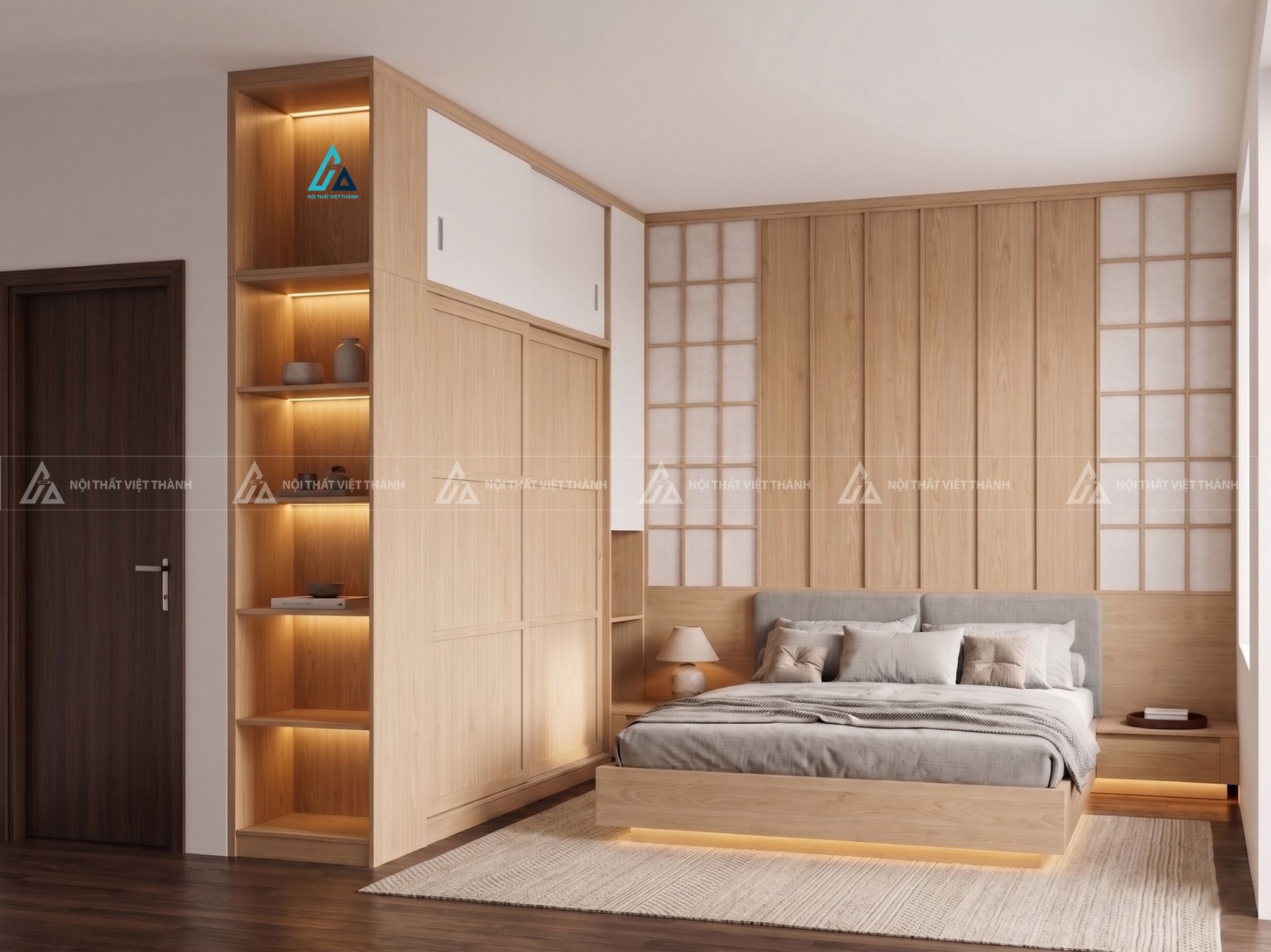 Mẫu thiết kế giường ngủ gỗ công nghiệp màu be kết hợp đèn led