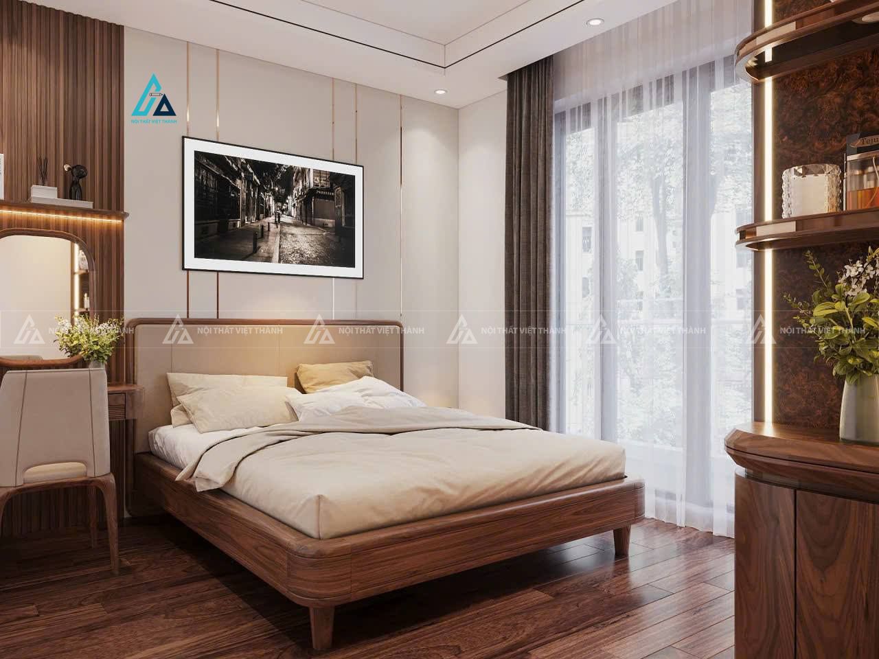 Mẫu thiết kế giường ngủ gỗ tự nhiên nâu đỏ có bọc đệm đầu giường