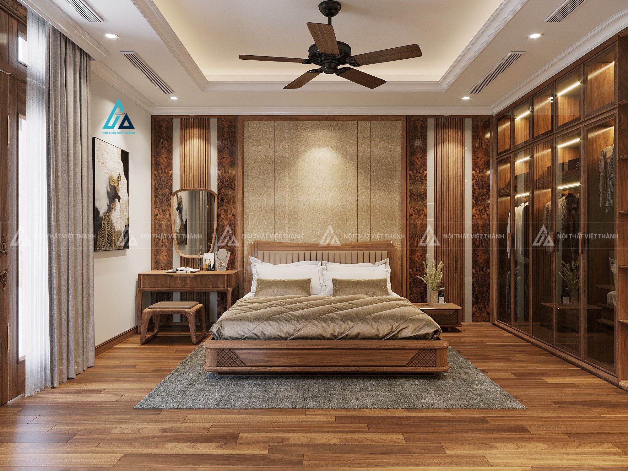 Mẫu thiết kế giường ngủ gỗ tự nhiên nâu xám