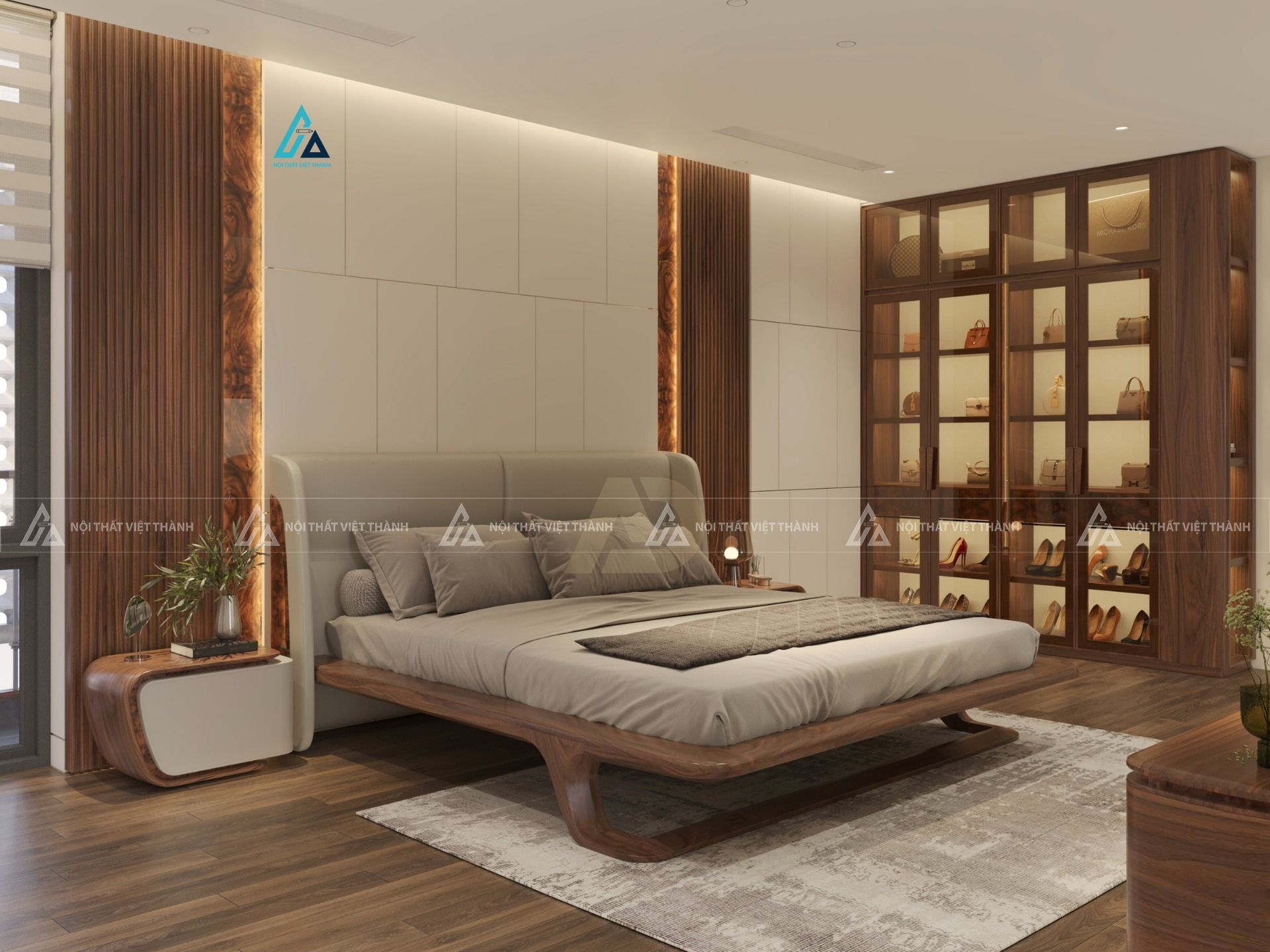 Mẫu thiết kế giường ngủ gỗ tự nhiên gầm giường cao