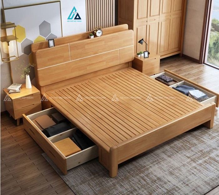 Mẫu thiết kế giường ngủ gỗ tự nhiên vàng có hộc tủ
